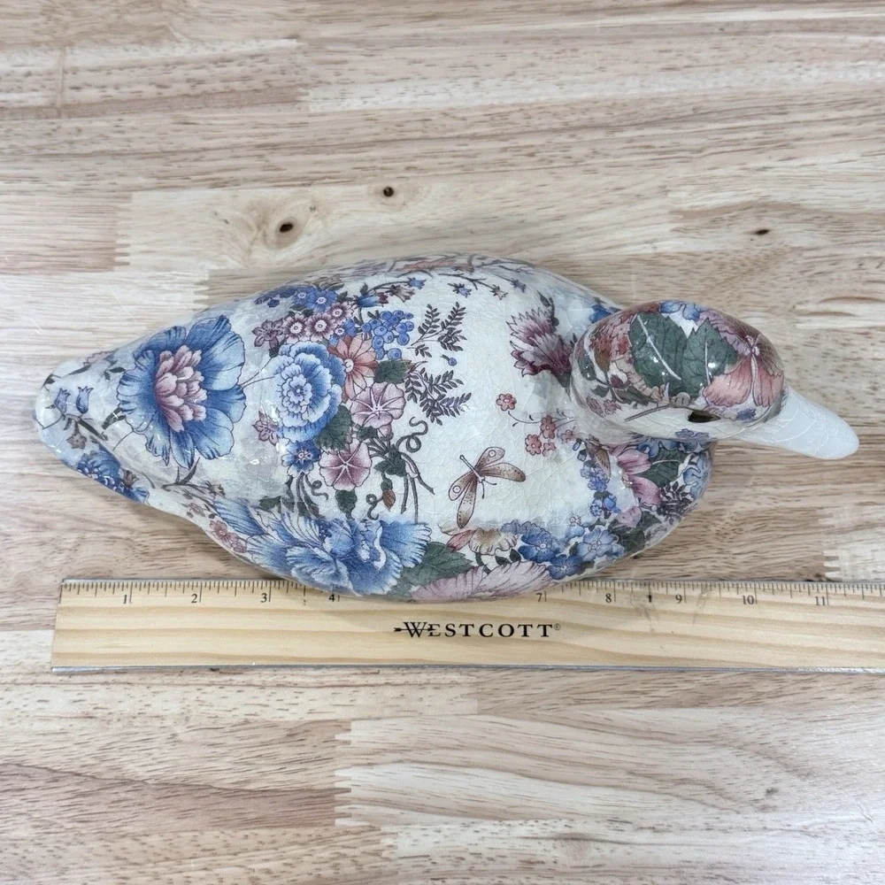 Vintage Floral Chintz Duck Figurine Decoupage Mallard Decoy Blue Pink Botanical